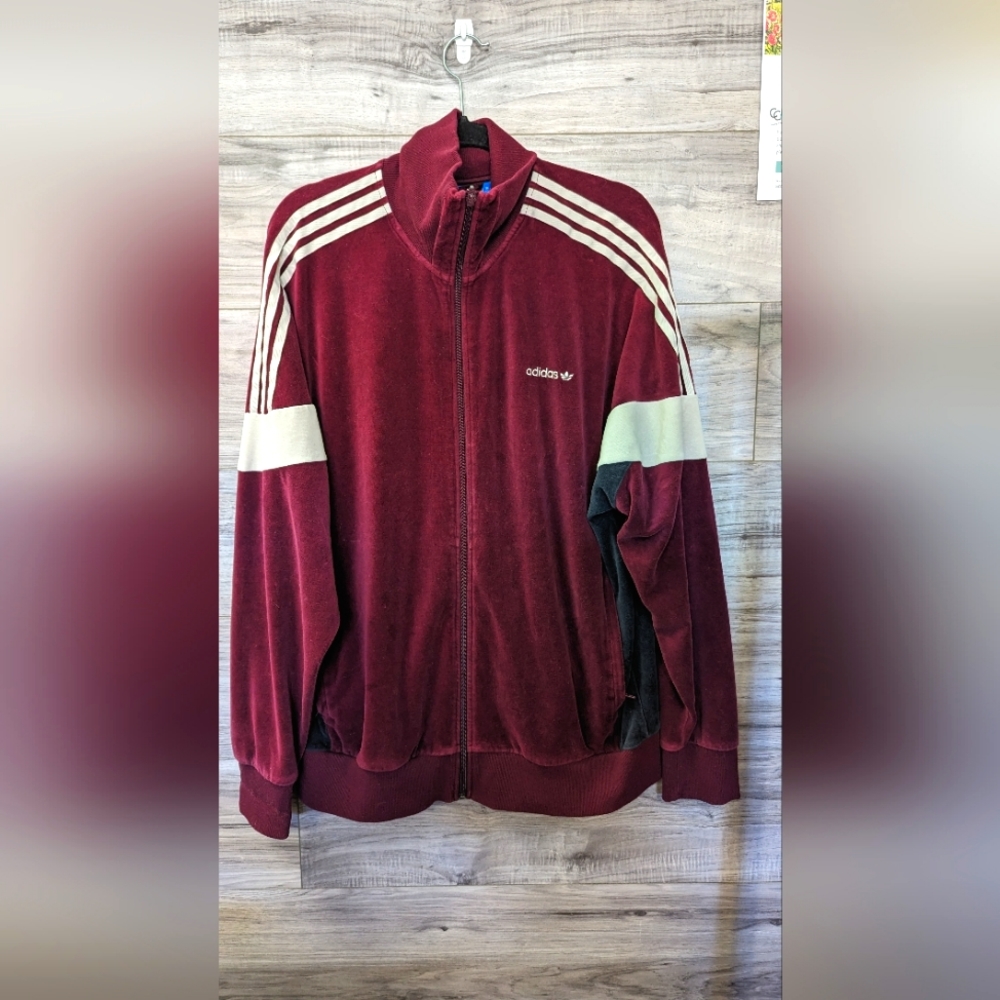 Burgundy adidas velour jacket - unisex